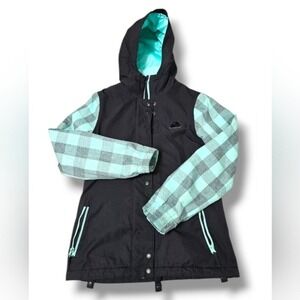 Aperture Womens S Snowboard Jacket‎ Black Mint Green Plaid 10K Waterproof Hooded